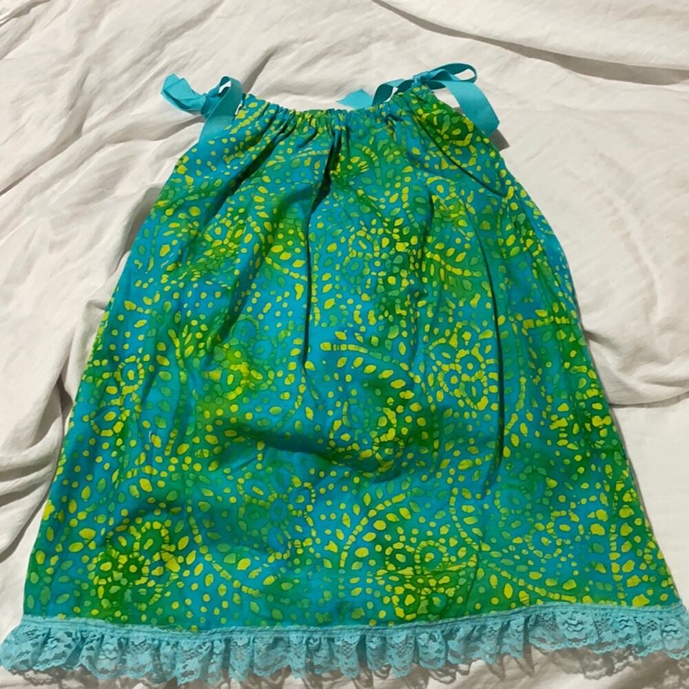 Green turquoise 4/5 cotton sundress ribbon shoulder ties ruffled hemline nwot